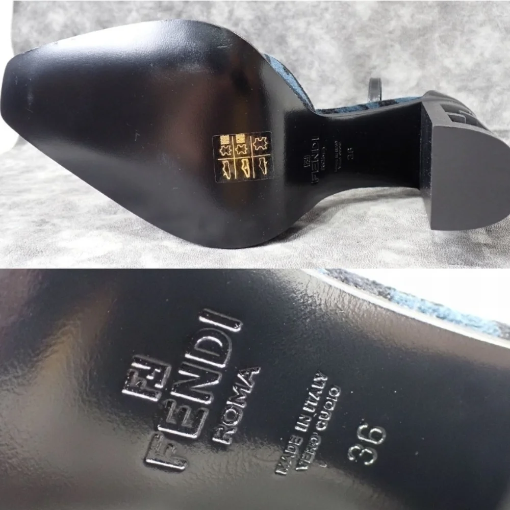 Fendi  FF Chenille Velvet D'Orsey Pumps Black and Blue Patterned Heels - Picture 4 of 5